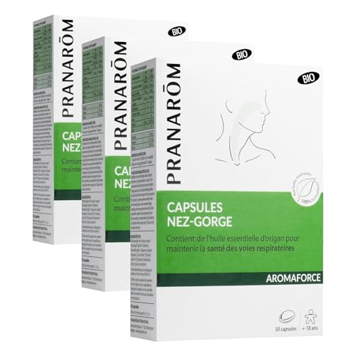 Pranarôm - Aromaforce - Capsules Nez-Gorge, Compléments Alimentaires Aux Huiles Essentielles, Origan vulgaire, Maintient La Santé Des Voies Respiratoires, Citronnier, 100 Pour cent Bio - 30 Capsules