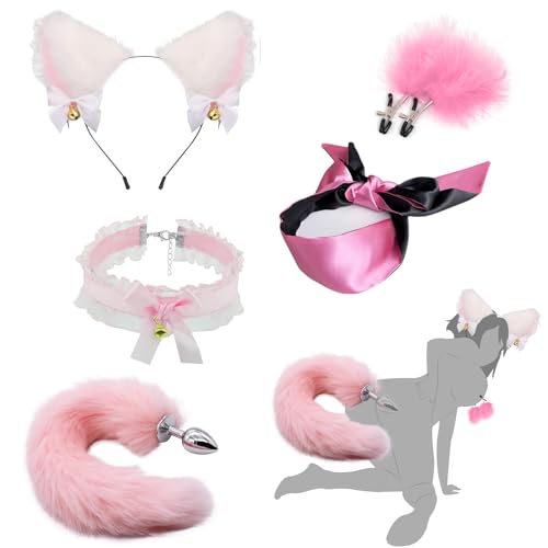 AMZII Analplug Paaren Cosplay 5er Set,Fuchsschwanz Buttplug & Nippelklemmen Brustwarzen & SM Augenmaske & Halsband Frauen Sex & Katze Ohren,Diloschwanz für Frauen,BDSMs Fesseln Sex Set (Rosa)