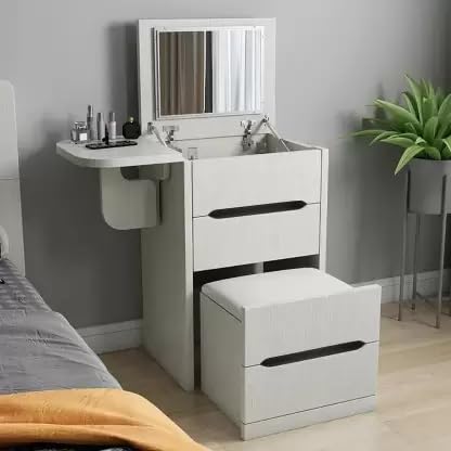KOHINOOR DECOR Nordic Flip Top Modern and Expandable Corner Makeup Vanity with Stool & Flip Mirror | HDHMR Wood Dressing Table with Storage Drawer (Color - White)-image-33