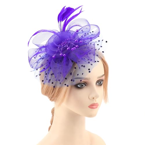 Image of DRESHOW 1920s Vintage Fascinators Hat for Women Veil Mesh Tea Party Derby Hat Bow Satin Gloves Pearl Jewelry Set for Cocktail