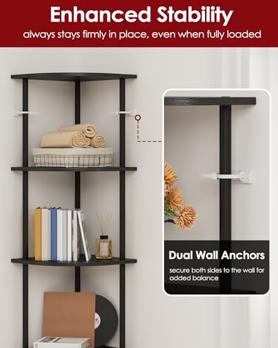 Sakugi Corner Shelf - 5-Tier Corner Bookshelf with Wall Anchors & Non-Slip Feet, Corner Shelves with Rustproof Metal Frame for Bedroom, Living Room, Home Office, 11.6\"×11.6\"×56.2\", Black - Thumbnail 6