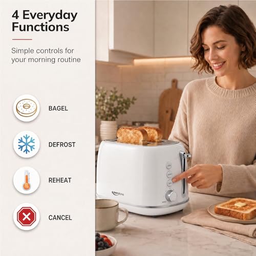 Image of Keenstone Toaster 2 Slice, Retro Wide Slot Stainless Steel Toaster with 6 Browning Levels, Reheat & Defrost, for Bagel, Toast, Bread, Kitchen Essentials, Removable Crumb Tray, White