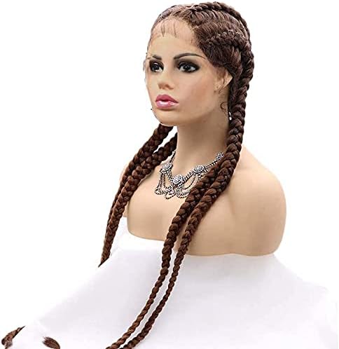 Brown Box Braid Lace Front Wig Mix Brown Cornrow 4 Twist Braided Hair Wig with Baby Hair Braiding Heat Resistant Fiber 4 Braided synthetic Daily Wear Wigs for Women 30 Inches - Image 4