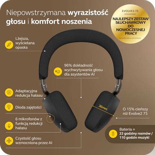 Jabra Evolve3 75 Bezprzewodowy Zestaw Słuchawkowy Bluetooth On-Ear z Mikrofonem do Pracy, USB-C, AI Połączenia, Zaawansowana Aktywna Redukcja Szumów, 22h Bateria, MS Teams, Czarny