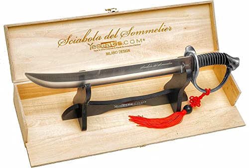 YesEatIs - Sable de sommelier con caja expositora de madera - Mango de color acero - 2 cordones...