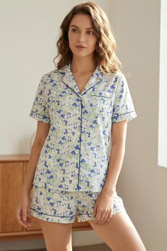 Image of LUBOT 100% Cotton Pajamas for Women 2 Piece PJ Set Poplin Woven Lightweight Ladies Button Short Sleeve Sleepwear S-XXL