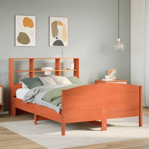 Mokuyary Cama de madera maciza con estante sin colchón, color marrón cera, 135 x 190 cm, cama con somier, plataforma marco de cama, fácil montaje para dormitorio, habitación de invitados, A7
