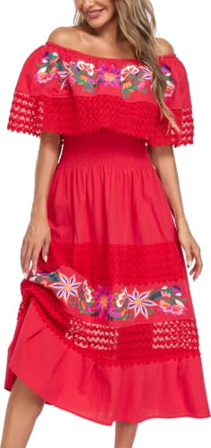 Image of YZXDORWJ Women Embroidered Mexican Peasant Casual Sexy Lace Off-Shoulder Long Dress