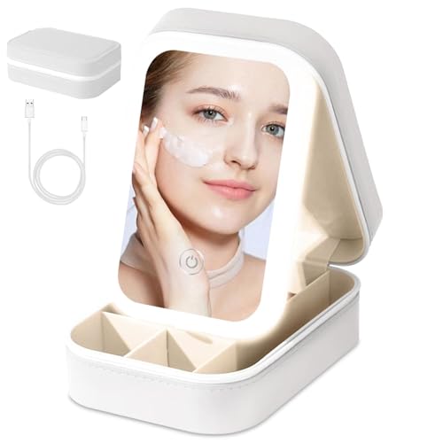 Image of APOPHIS Small Travel LED Makeup Mirror Case with 3 Adjustable Color Light Settings, Dust-Proof Jewelry Box, Mini Cosmetic Train Case Ideal for Short Trips, White, Cosmetic Bag with Led Mirror (White)