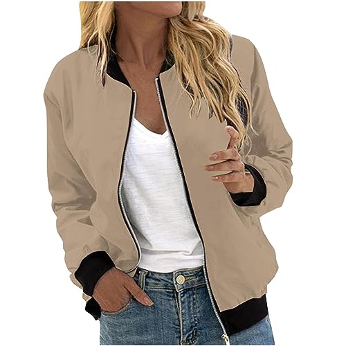 Bomberjacke Damen Kurz Blouson Jacket Leichte Fliegerjacke Herbst Langarm Coat Casual Pilotenjacke Winter Outwear Jacke,Beige,M