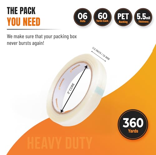 Image of Filament Strapping Tape (1 /2 inch x 60 yds, Pack of 6) Transparent 5.5mil Reinforced Fiberglass Tape - Synthetic PET Adhesive Heavy Duty