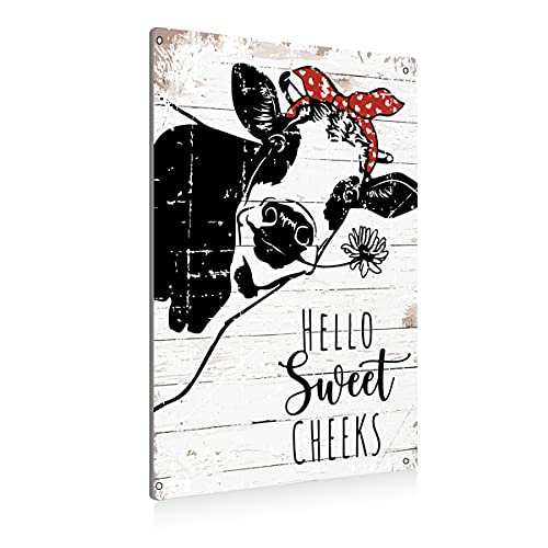 BEASTZHENG Funny Hello Sweet Cheeks Cow Bathroom Metal Tin Sign Wall Decor Farmhouse Wooden Style Bathroom Quote Tin Sign for Toilet Restroom Washroom Decor Gifts