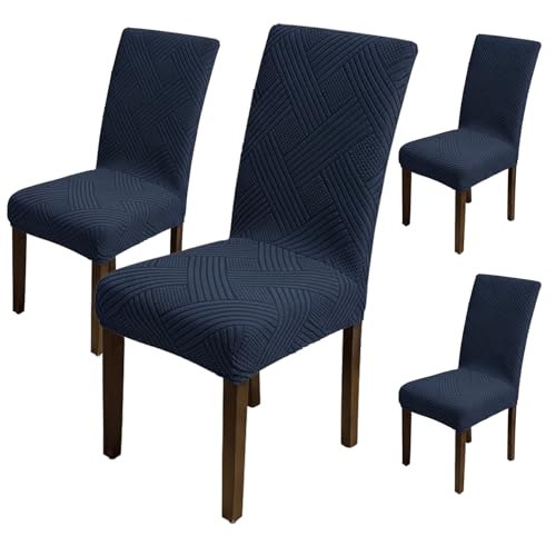 Image of House of Quirk Elegant Jacquard Chair Cover - 220 GSM Stretch Fabric, Universal Fit, Washable Short Dining Seat Protector Slipcover (Navy, Pack of 4)