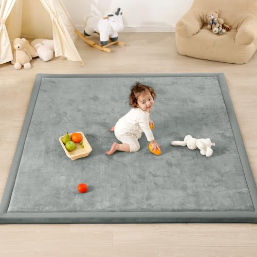 Image of 1.3 inch Thick Baby Play Mat for Floor, 79x79 Large Foam Tummy Time Mat, Padded Support Soft Plush Nursery Rug for Infant Kids Toddler Crawling Kick Activity (Light Grey)