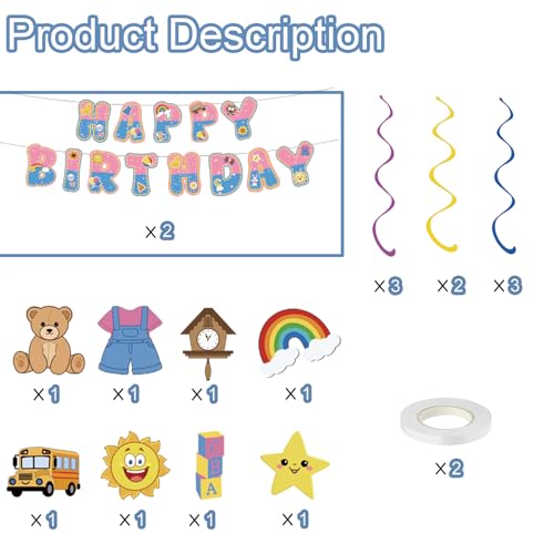 Image of Pink Blue Birthday Decorations - Cute Cartoon English Teacher Banner Garland Bunting with 8 Style Hanging Swirls for Little Girls Birthday Party Supplies