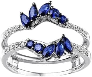 Finecreation_usa - 2.20Ct Marquise Cut Blue Sapphire and White Diamond Warp Enhancer Woman's Wedding Band Ring 14K White Gold Finish
