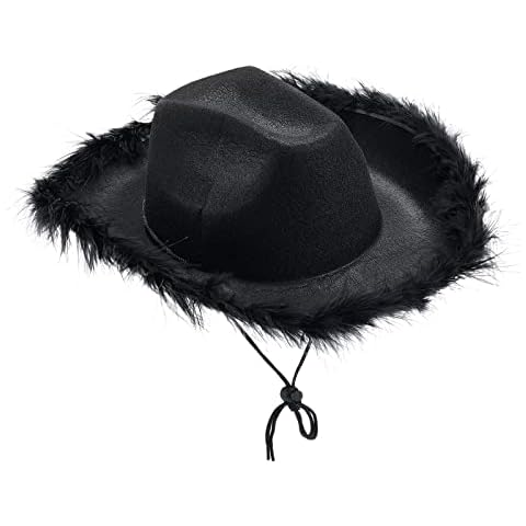 Xsylife Cowgirl Hat Felt Cowboy Hat for Women Fluffy Feather Brim Shiny Crown Sequins Retro Cap Halloween Costume Fancy Dress (Black, 32cm*42cm*18cm) Cover