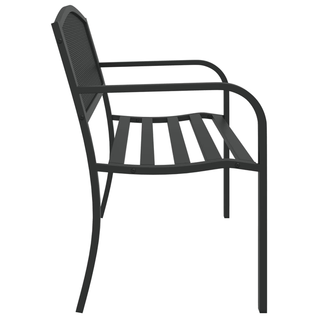 Czarna stalowa ławka ogrodowa 119 cm z perforowanym oparciem, wytrzymała ławka ogrodowa na patio i podwórko, nowoczesny design i trwały materiał z powłoką