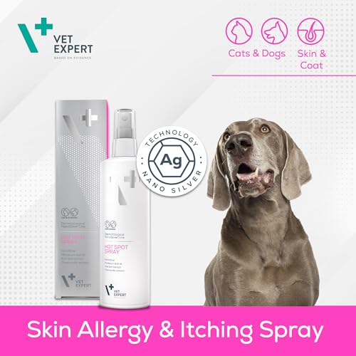 Vet Expert Hot Spot Spray für Hunde und Katzen – unterstützt die Therapie von Hot-Spot-Läsionen mit Nanosilber, Panthenol, Kamillenextrakt, Teebaumöl und Aloe Vera Öl – 100 ml