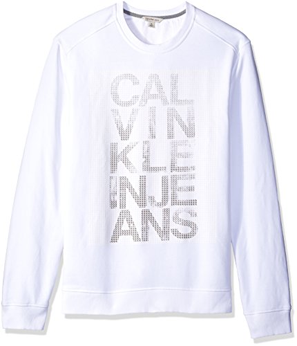 Calvin Klein Jeans Men's Mesh Logo Print Crew Neck Sweatshirt, White, Small