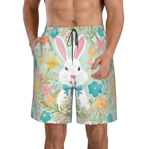 Easter Bunny Floral Print Stylish Beach Shorts Swim Trunks Lightweight Breathable Summer Outdoor Activities