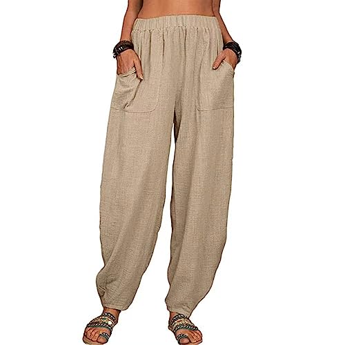 Jeans Damen Stretch Fleecehose Damen Warm Hosen Damen Winter Frauen Leinen Einfarbig Weitem Bein Lang Übergröße Hose Mit Taschen Luftige Elastische Taille Leinenhose Hose Weiss Damen(Khaki,3Xl)