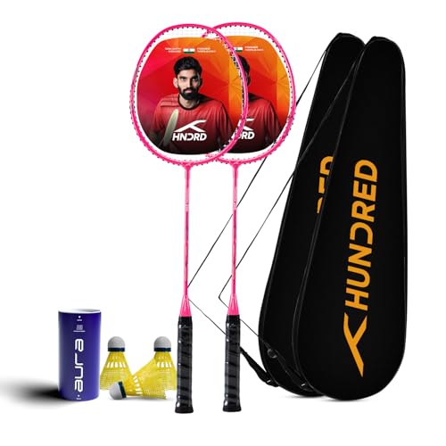 Image of Hundred Powertek 200 Aluminium Badminton Racket Combo, 2 Strung Rackets with 2 Full Covers & 3 Aura Nylon Shuttlecocks, Lightweight Shuttle Bats for Match Play