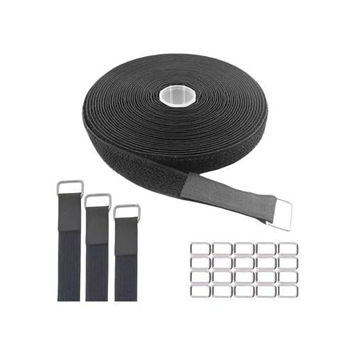 Image of 0.78 inch x16Ft Hook and Loop Straps with 25 Metal Buckles, Adjustable Fastening Cable Straps, Cut-to-Length Cinch Strap, Reusable Nylon Securing Cord Ties for Organizer or Storage, 1 inch Wide, Black