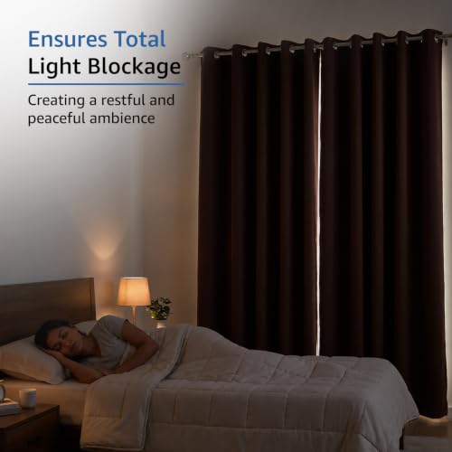 Image of Amazon Brand - Solimo Polyester 100% Blackout Plain Window Curtains|100% Room Darkening| 8 Feet |Set of 2| Plain Design | Blackout|for Living Room Kids Room and Bedroom | Color- Dark Brown