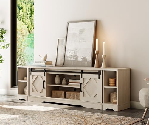 Image of WAMPAT Farmhouse TV Stand for 80-85 inch TV with Distressed Wood Finish