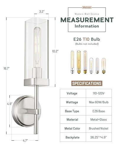Image of Modern Wall Sconces Set of 2, Brushed Nickel Bathroom Vanity Sconces with Square Clear Glass Shade, Wall Mount Lights for Mirror Bedroom Hallway, Upward Lighting Only, E26 Base, VL262-BN-2PK