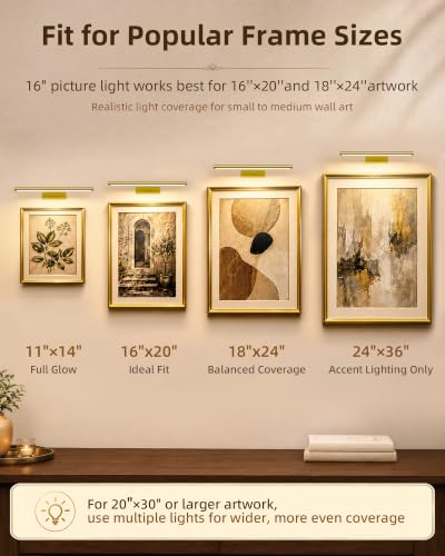 EZVALO Picture Light for Wall, 4800mAh Rechargeable Wireless Remote, 16‘’ Dimmable Magnetic LED Art Display Light with 3 Color Temperatures, for Gallery, Living Room, Bedroom, Hallway (Gold)