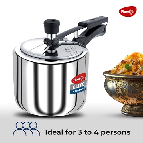 Image of Pigeon by Stovekraft Elite Shine 3L Tri-Ply Body Inner Lid Pressure Cooker Induction and Gas Stove Compatible that Distributes Heat Evenly for Uniform Cooking (Silver)