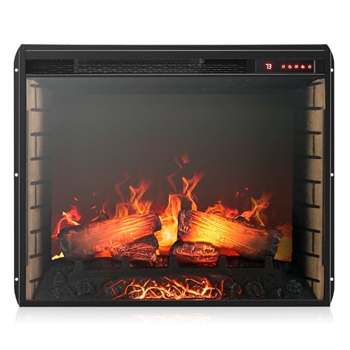 BELLEZE 28" Electric Fireplace, 1500 W 5000 BTU Space Heater with Adjustable Timer, Realistic Wood Log & Crackling Sound, Indoor Fireplace for TV Stan