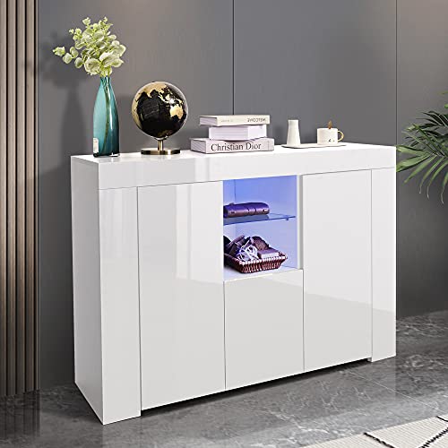 Holaki 45Inch Led Sideboard Buffet Cabinet With Drawer&2 Doors Storage Shelf,High Glossy Front Kitchen Sideboard,Buffet Table With Open Shelves,Display Cabinet,Entryway Modern Cupboard For Home(White) #TOP3