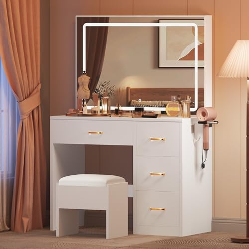 DWVO Vanity Table and Stool Set with LED Mirror Makeup Desk with Adjustable 3-Colour Lighting 4-Drawer Storage Hair Dryer Rack & Built-in Plug Socket Dressing Table for Bedroom White