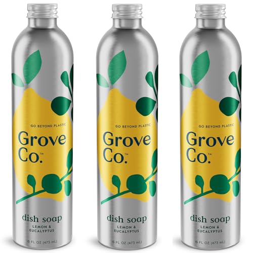 Image of Grove Co. Dish Soap, 3 x 16 fl oz Refills, Lemon & Eucalyptus | Plastic-Free; Refill format; Natural Fragrance; Removes Stuck on Food; 98% plant-based ingredients