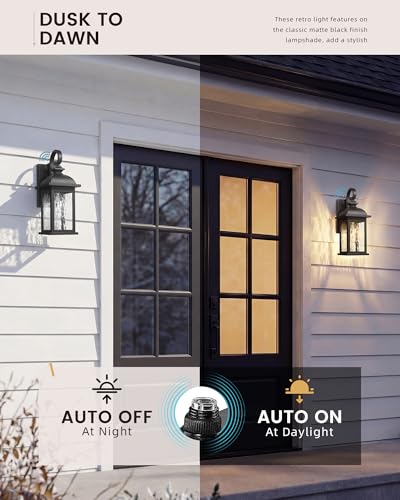 Image of FEMILA Dusk to Dawn Exterior Wall Sconce, 15 inch Front Porch Light Fixtures Wall Mount for Patio, Garage, Garden, UL Listed, Matte Black Water Ripple Glass, 4FD54B-PC BK-WP