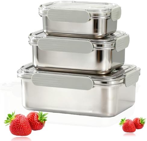 Stainless Steel Food Storage Containers, Airtight with Vacuum Seal, Set of 3 (22/44/82 oz), Stackable,Dishwasher&Freezer Safe for Meal Prep and Leftovers Storage - Thumbnail 2