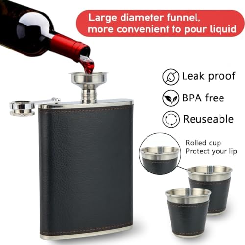 Image of GBEXHip Flask Gift Set with Black Leather Cover,8 Oz Leak Proof 18 /8 Stainless Steel Flask for Liquor with 2 Cups & Funnel, Flasks for Liquor for Men Gift Box