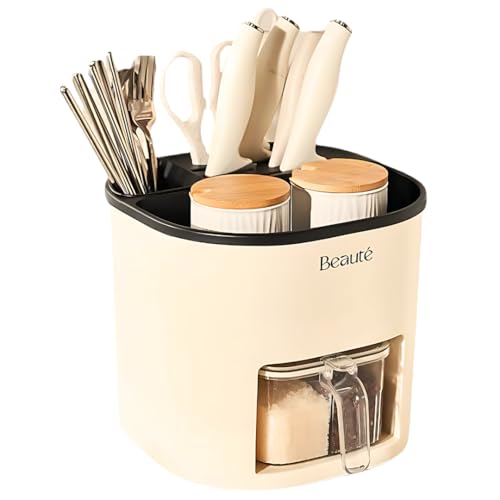 DAZZLEREE Cream Rotating Utensil Holder for Kitchen Counter – Multi-Purpose Rotating Spice Organizer, Seasoning Containers, Cutlery Holder and Knife Holders for Counter Top