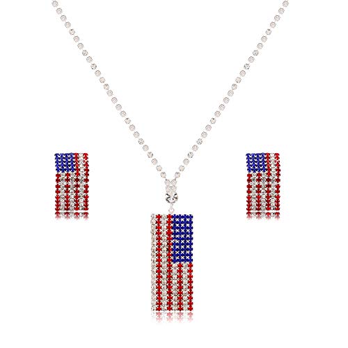 Zolearopy American Flag Necklace Earrings Set Charm Rhinestone Usa Flag Pendnat Neckalce Stars Stripes Stud Earrings cover