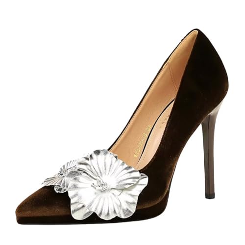 JOEupin Women's Pumps Slip On Stiletto Pumps with Metal Flowers Classic Pointed Closed Toe High Heels Elegant Dress Shoes