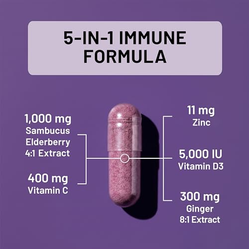 Image of NatureWise Elderberry Vitamin C and Zinc for Adults - Sambucus Black Elderberry and Ginger & Vitamin D3 5000IU - 5 in 1 Immune Support - Non-GMO - USA Manufactured - 120 Veggie Capsules[60-Day Supply]