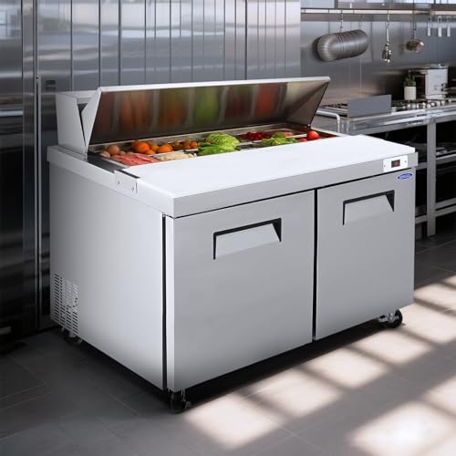 Image of Commercial Refrigerators,60 inch Cold Storage Worktop,Steel Sandwich & Salad Prep Table with Butcher Block and Protection Lid,Defrost System,16 Pans Up to 4 inch Deep,for Restaurant,Bar,ETL Certified,Silver