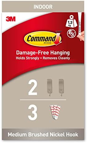 Command Decorative Hook, Brushed Nickel, Indoor use - 2 Metal Medium Hooks and 3 Adhesive Strips - Hang Jackets, Purses, Handbags, Backpacks, Hats, Scarves, Dog leads - Organise Damage Free