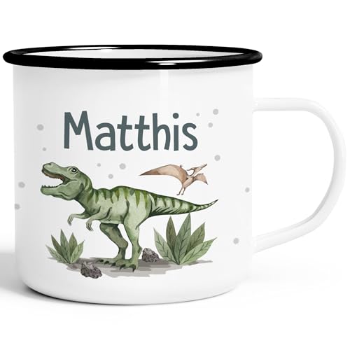 SpecialMe® Kinder-Tasse Emaille Dino mit Namen personalisiert Dinosaurier T-Rex Namenstasse individuelle Geschenke Emaille-weiss-schwarz… – Ansicht 1