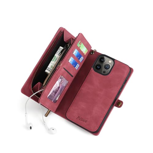 Étui portefeuille magnétique multi-flip iPhone 15 Pro Max rouge antichoc - 5
