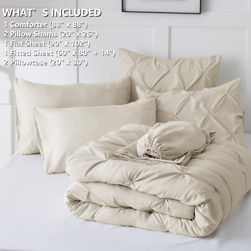 CozyLux Queen Comforter Set Oatmeal, 7 Pieces Pintuck Bed in A Bag, Premium Oatmeal Comforter Queen Size, Pinch Pleat Bedding Sets with Comforter, Sheets, Pillowcases & Shams