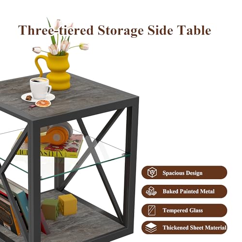 Bellemave Set of 2 Side Table for Bedroom & Living Room, Modern End Table with 3-Tier Storage Shelve, Tempered Glass & Wood MDF, X-Frame Metal Support, Nightstand for Small Spaces, Coffee by Bellemave - Image 4